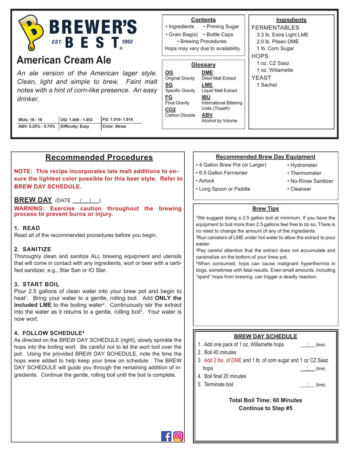 American Cream Ale recipe, front