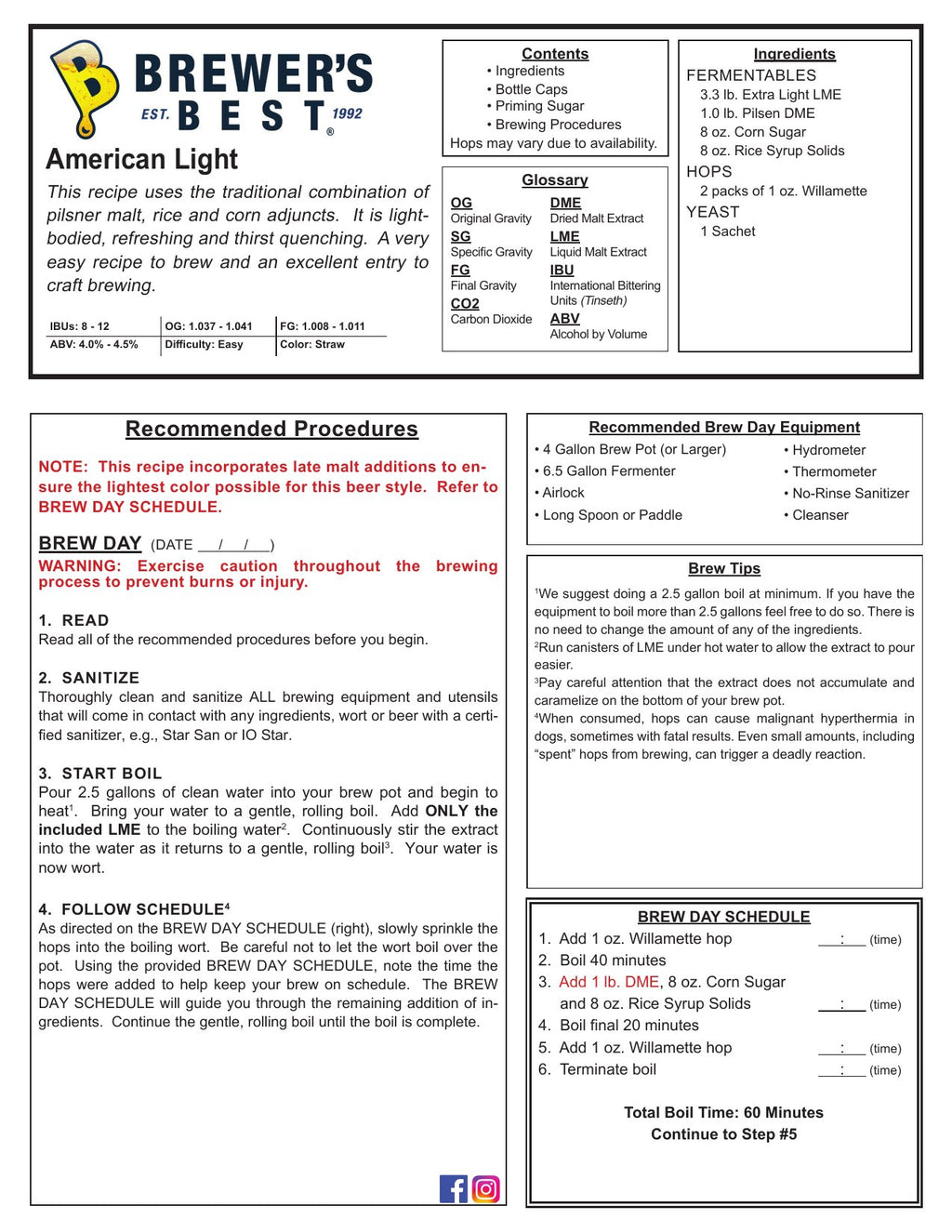 American Light recipe, front