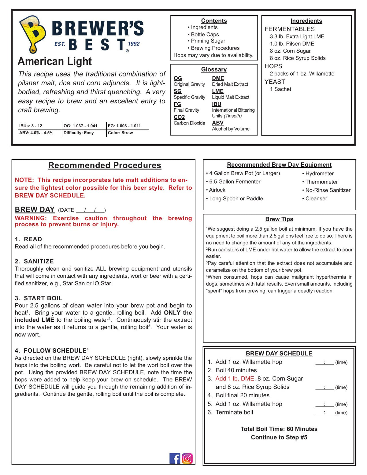 American Light recipe, front