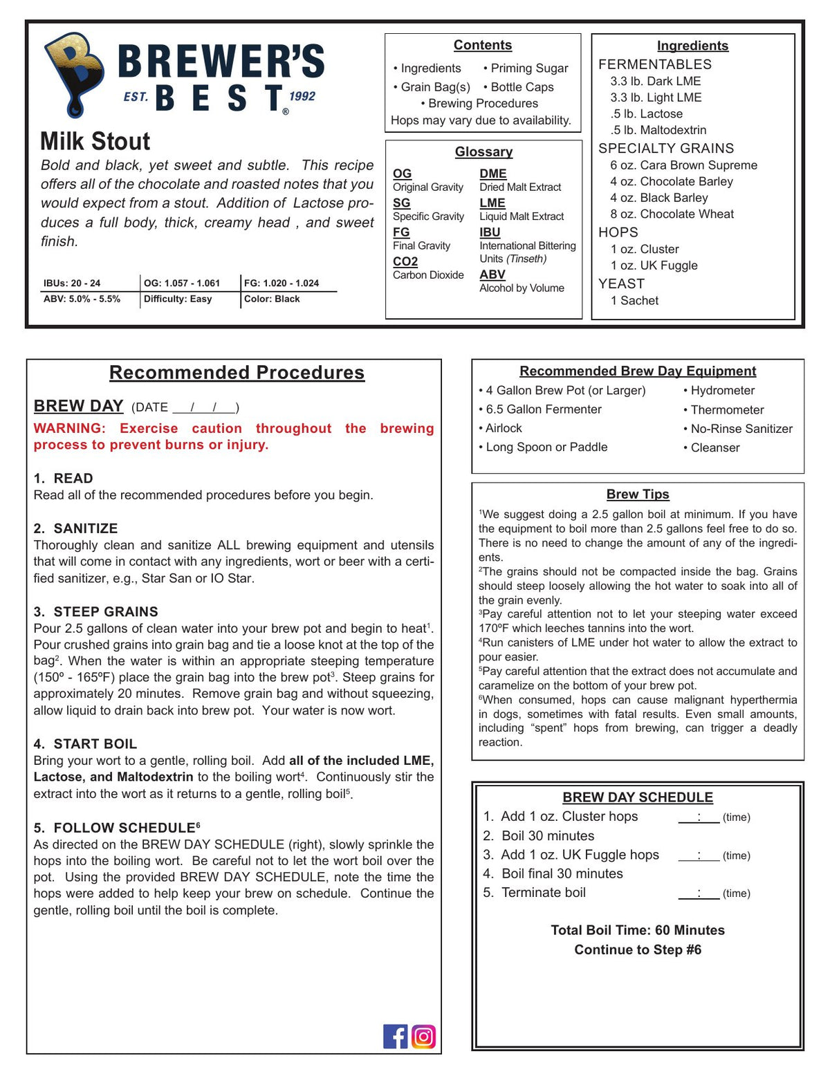 Milk Stout recipe, front