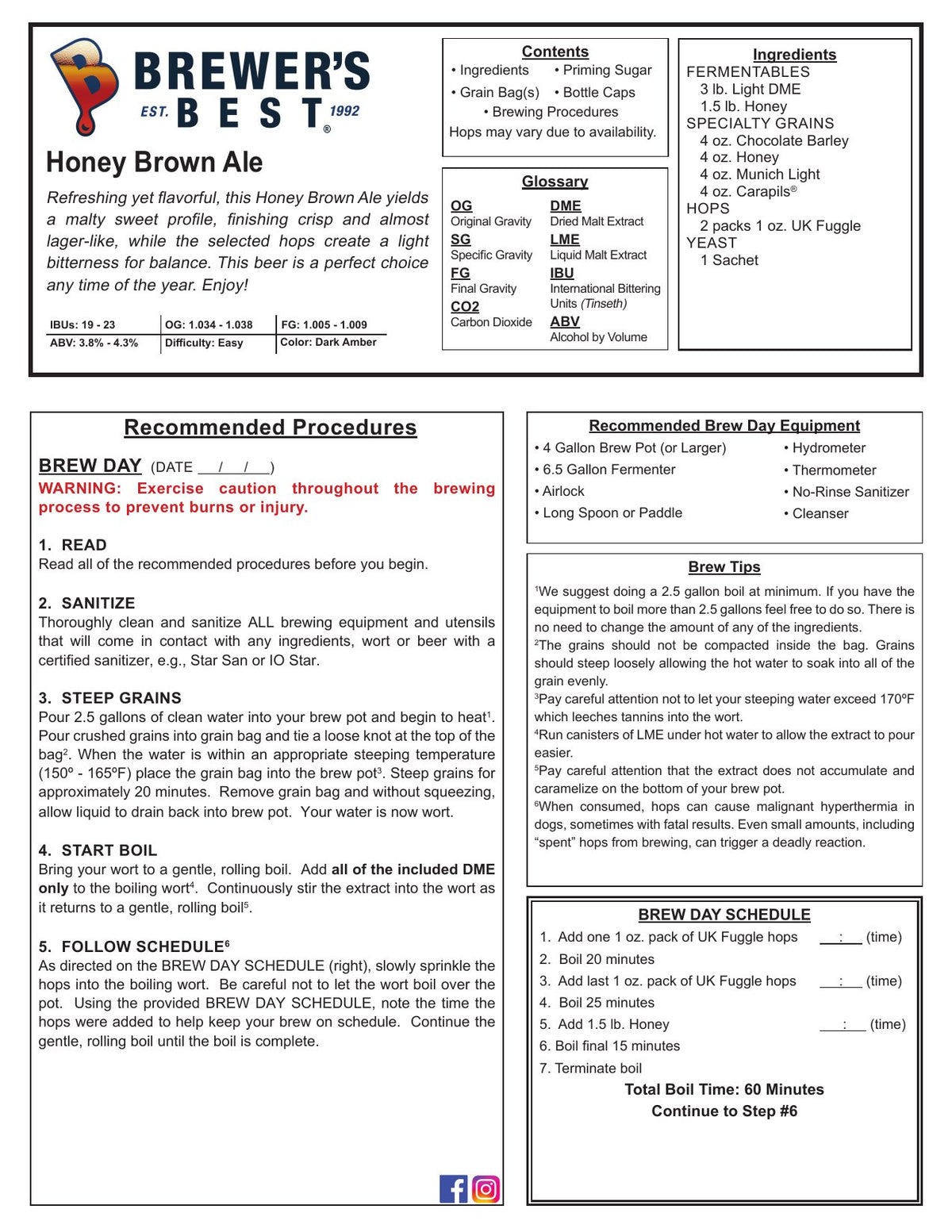 Honey Brown Ale recipe, front