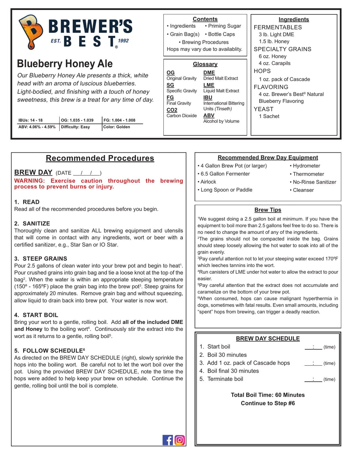 Blueberry Honey Ale recipe, front