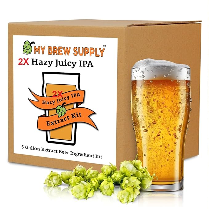 My Brew Supply 2X Hazy Juicy Double IPA Extract Kit | Pale, Wheat, & Pilsen Dry Malt Extract, Corn Sugar | Flaked Oats, Caramel, & Honey Grain | Citra, El Dorado, Columbus, & Mosaic Hops | BRY-97 Yeast | 5G Yield