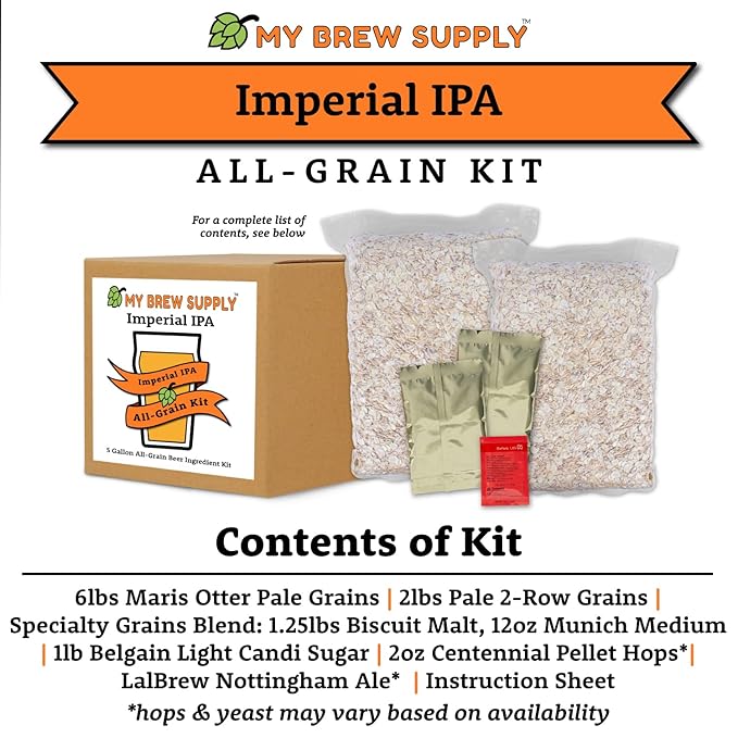 The Imperial IPA Ingredients list: 6 lb Maris Otter Pale Grains, 2 lb Pale 2-Row Grains, Specialty Grains Blend: 1.25 lb Biscuit Malt, 12 oz Munich Medium | 1 lb Belgian Light Candi Sugar, 2 oz Centennial Pellet Hops*, Lalbrew Nottingham Ale*, Instruction Sheet. * Hops & Yeast may vary based on availability.