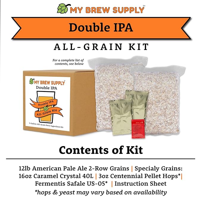 the Double IPA Ingredients list: 12 lb American Pale Ale 2-Row Grains, Specialty Grains: 16 oz Caramel Crystal 40L | 3 oz Centennial Pellet Hops*, Fermentis Safale US-05*, Instruction Sheet. *Hops & Yeast may vary based on availability.