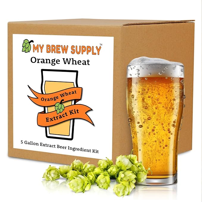My Brew Supply Orange Wheat Beer Extract Kit | Bavarian Wheat & Golden Light Dry Malt Extract | Caramel & Flaked Wheat Grain | Sweet Orange Peel | Citra Hops | Fermentis WB-06 Yeast | 5 Gallon Yield