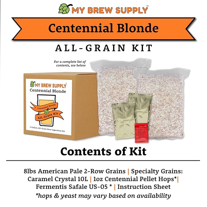 The German Blonde Pils ingredients list: 2-Row, Specialty Grains: Caramel Crystal 10L | 1 oz Centennial Pellet Hops*, Fermentis Safale US-05*, Instructions Sheet. *hops & yeast may vary based on availability.