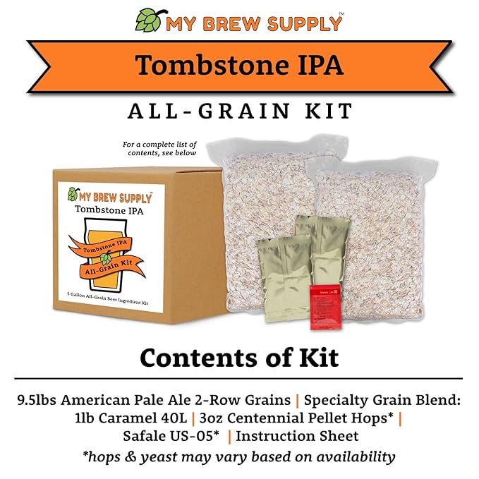 The Tombstone ingredients list: 9.5lb American Pale Ale 2-Row Grains, Specialty Grain Blend: 1 lb Caramel 40L, 3 oz Centennial Pellet Hops*, Safale US-05*, Instruction Sheet. *Hops & Yeast may vary based on availability.