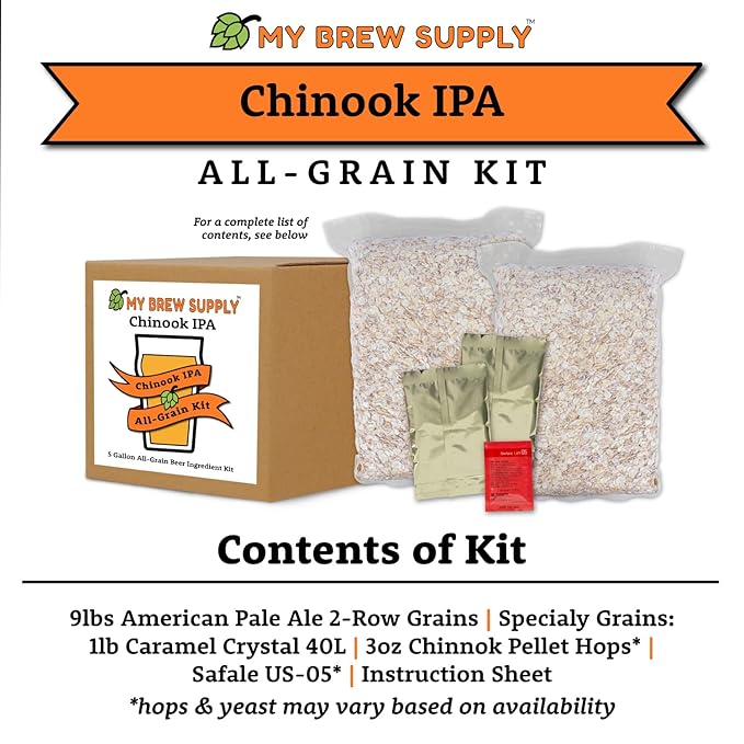 The Vienna Lager Ale ingredients list: 4 lb Maris Otter Malt Grains, 4 lb Vienna Malt Grains, 8 oz Carapils Malt, 16 oz Munich Light Malt, 2 oz Czech Saaz Pellet Hops*, Lallemand Nottingham Ale Yeast*, Instruction Sheet. *hops & yeast may vary based availability.