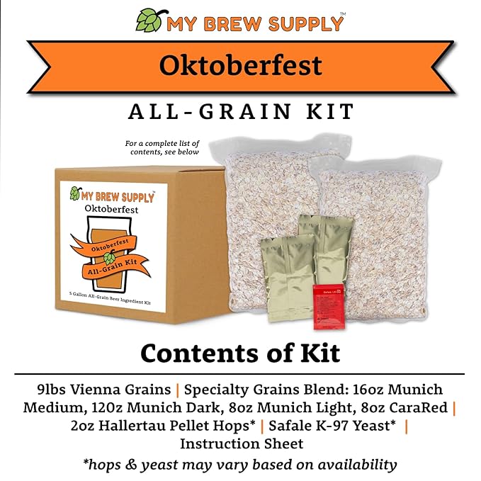 this the Oktoberfest Ingredients list: 9 lb Vienna Grains, Specialty Grains Blend: 16 oz Munich Medium, 12 oz Munich Dark, 8 oz Munich Light, 8 oz CaraRed | 2 oz Hallertau Pellet Hops*, Safale K-97 Yeast* Instruction Sheet. *Hops & Yeast may vary based on availability